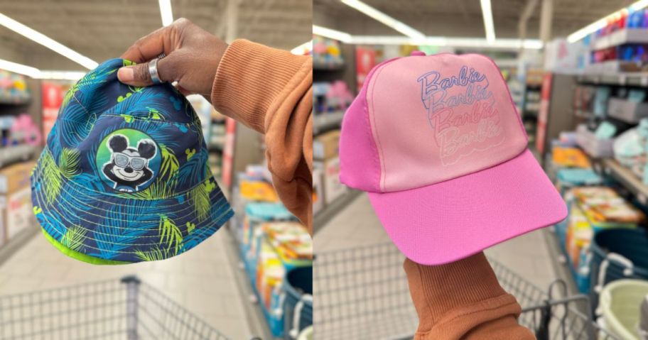mickey mouse bucket hat and barbie cap