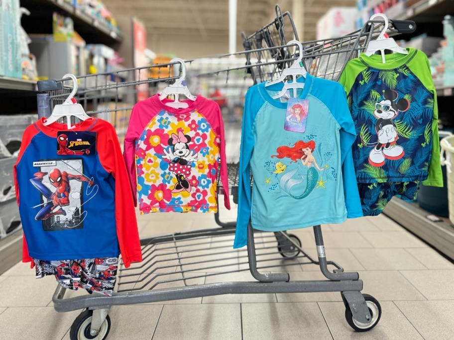 kid's character swim sets hanging on a shopping cart