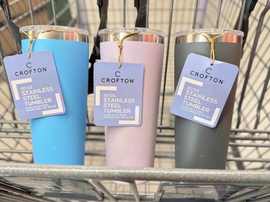stainless steel drink tumblers in a shopping cart