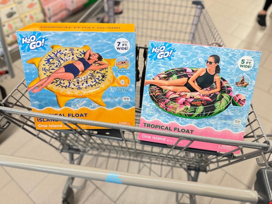 boxes with large pool floats in a shopping cart