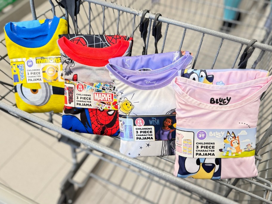 kid's character pajama sets in a shopping cart