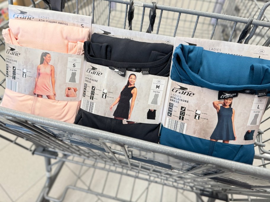 3 different color women's athletic dresses in a shopping cart