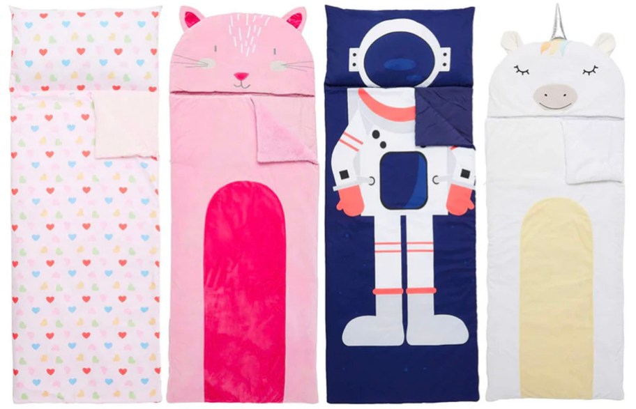 hearts, cat, astronaut, and unicorn sleeping bags