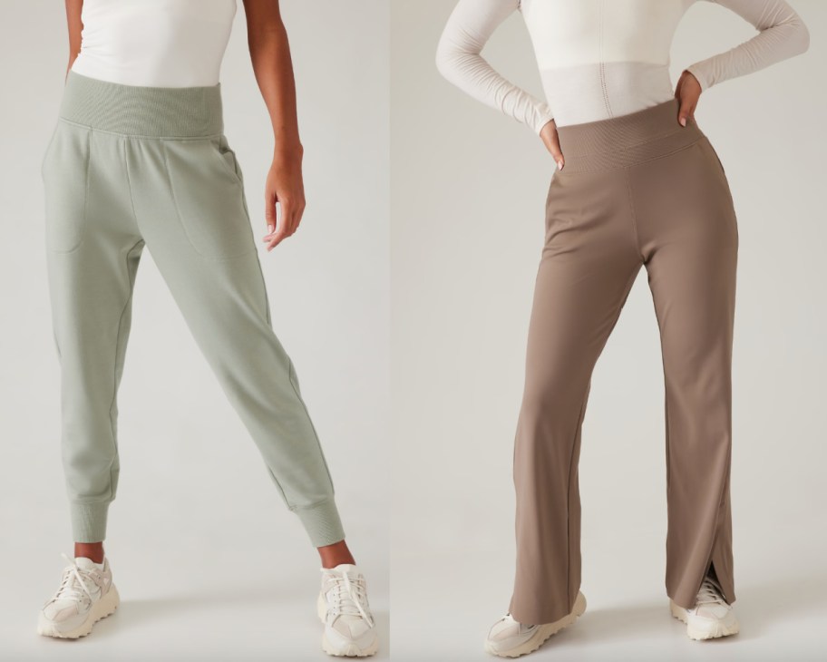 sage joggers and brown pants