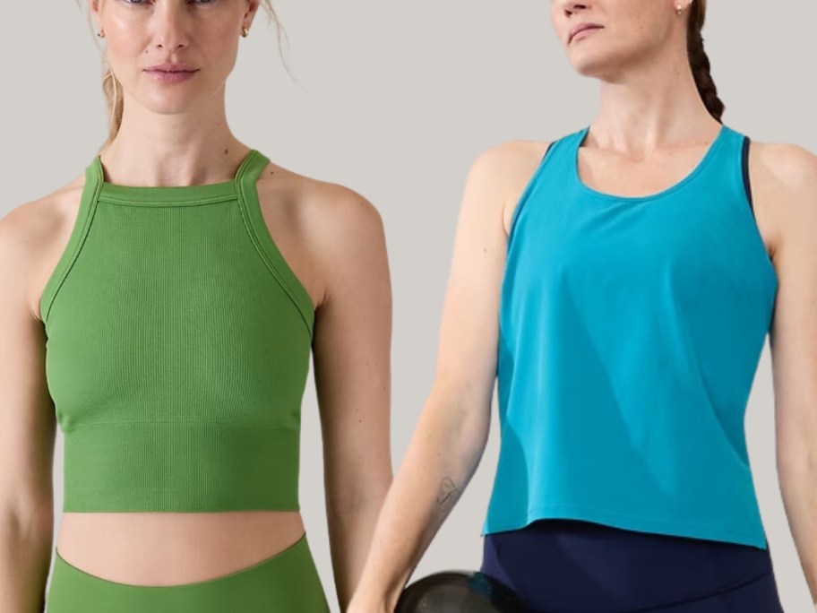 woman wearing a green crop tank top and woman wearing a blue tank tank