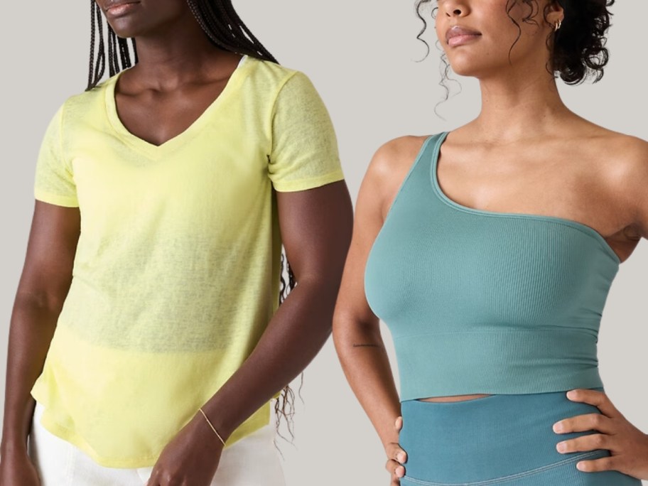 woman wearing a yellow v neck tshirt and woman wearing a one shoulder crop top