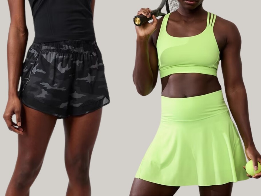 woman wearing black camo shorts and woman wearing a yellow sports bra and tennis skirt