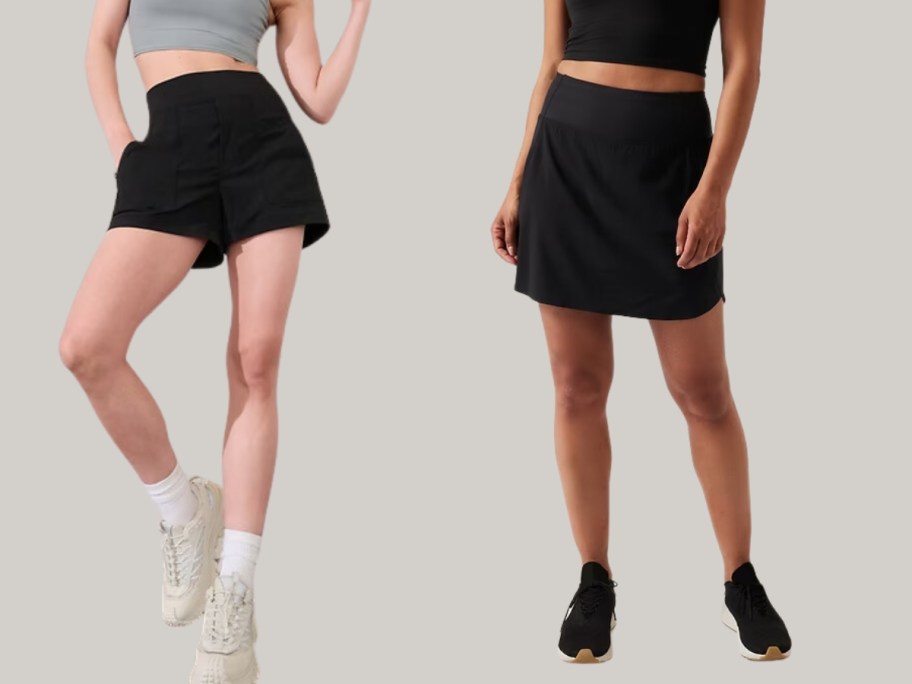 woman wearing black shorts and woman wearing a black skort