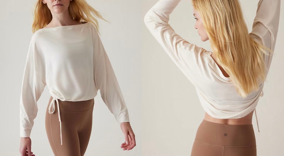 front and back image of woman wearing long sleeve white tee