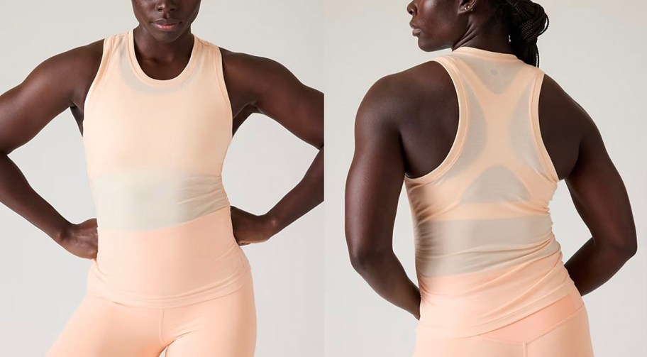 front and back image of woman wearing peach tank 