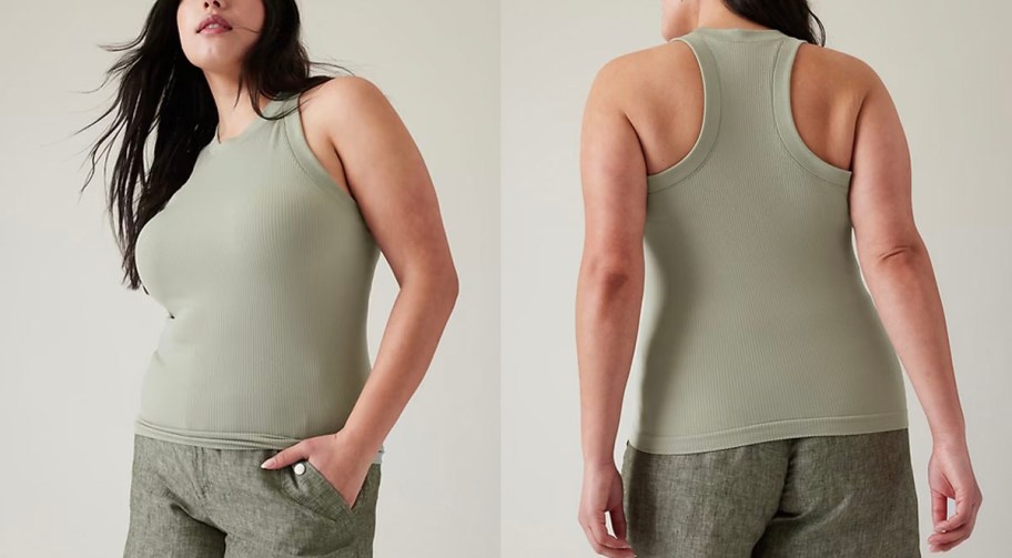 front and back image of woman wearing green racerback tee