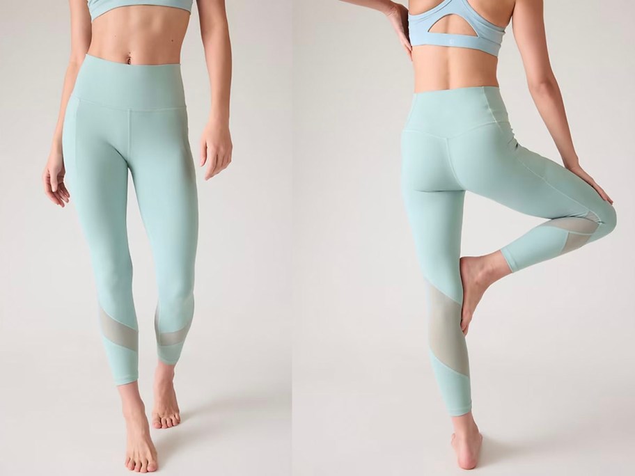 front and back image of woman wearing green tights