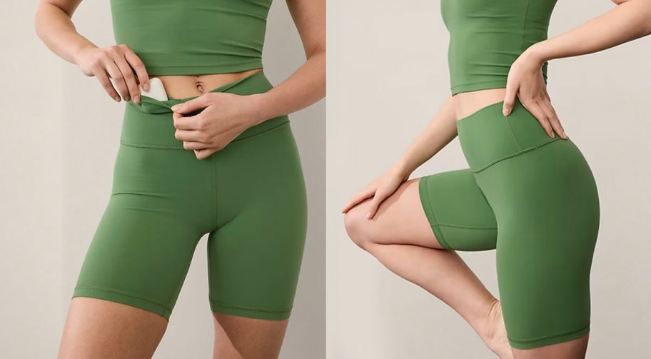 front and side image of woman wearing green shorts