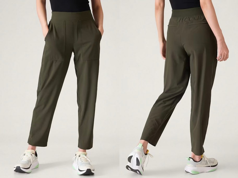 front and back image of woman wearing dark green pants