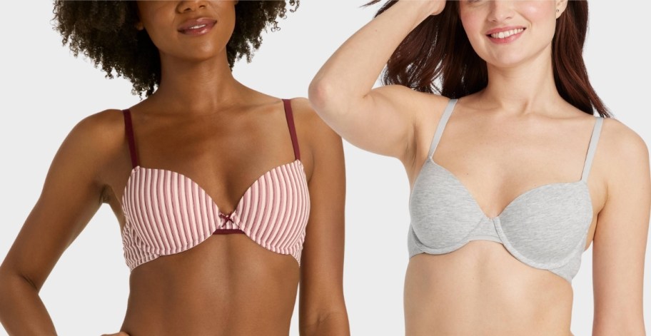 two women in t-shirt bras