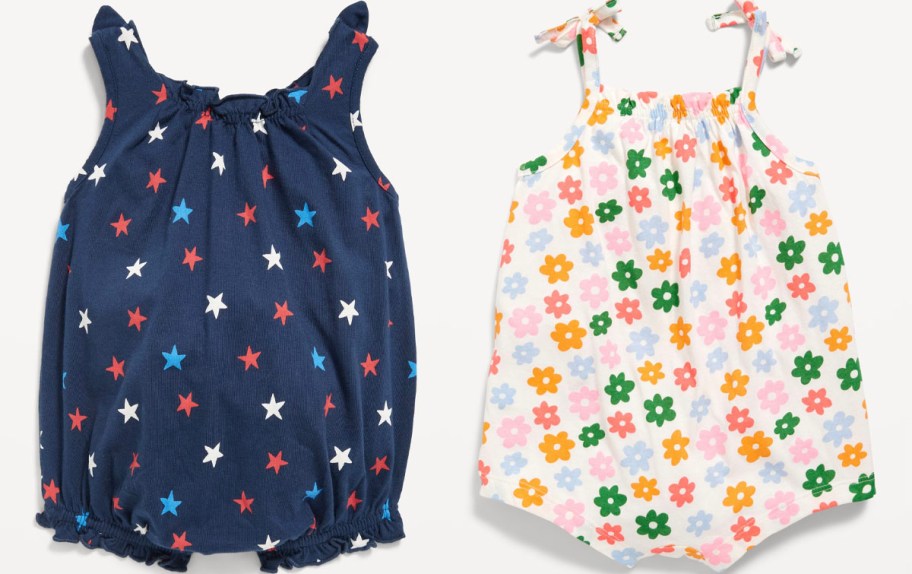 blue firework and white flower girls rompers