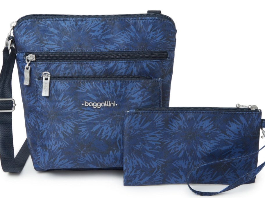 Baggallini crossbody bag with small wristlet in blue print