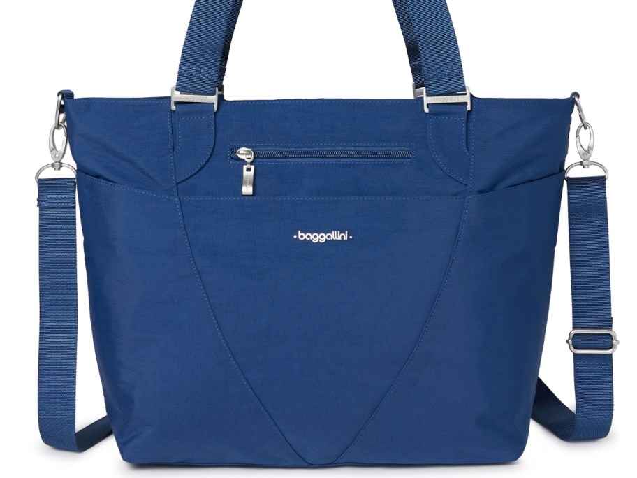 bright blue large Baggalllini tote bag with top strap and shoulder strap