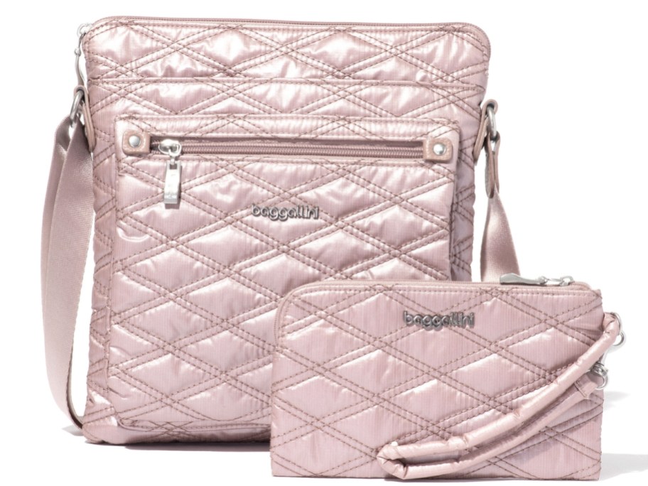 light pink quilted puffy style crossbody bag and wristlet