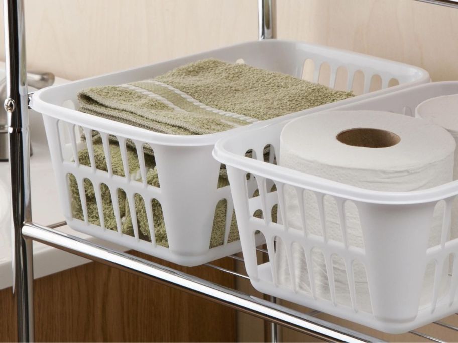 Sterilite Storage Basket 11.25" x 8" x 4.25" on shelf with wash cloths inside
