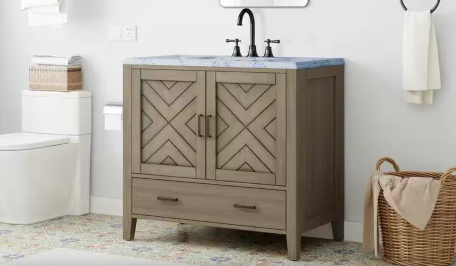 brown vanity with marble top