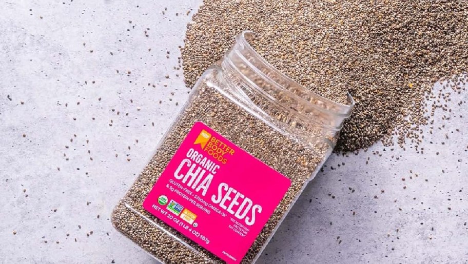 better body food organic chia seeds displayed on the floor
