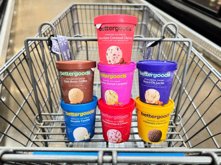 a variety of bettergoods ice cream in a walmart cart