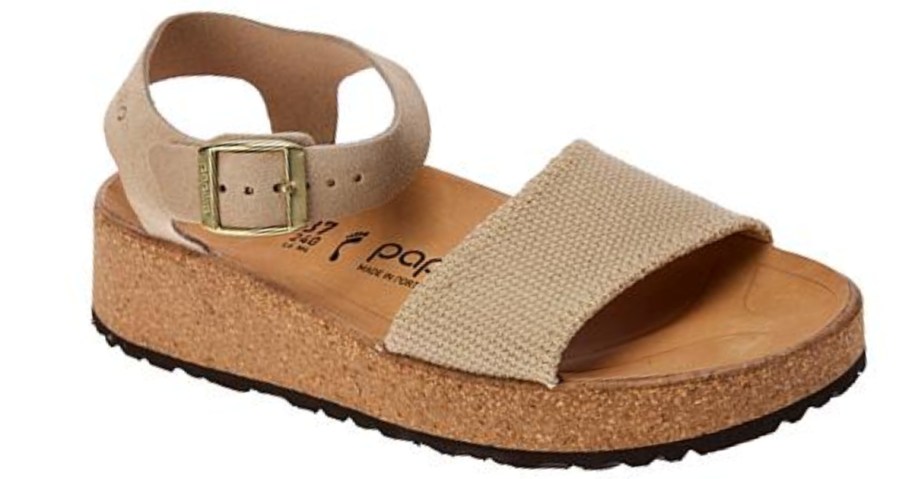 tan color Birkenstock sandal with ankle strap and top foot strap