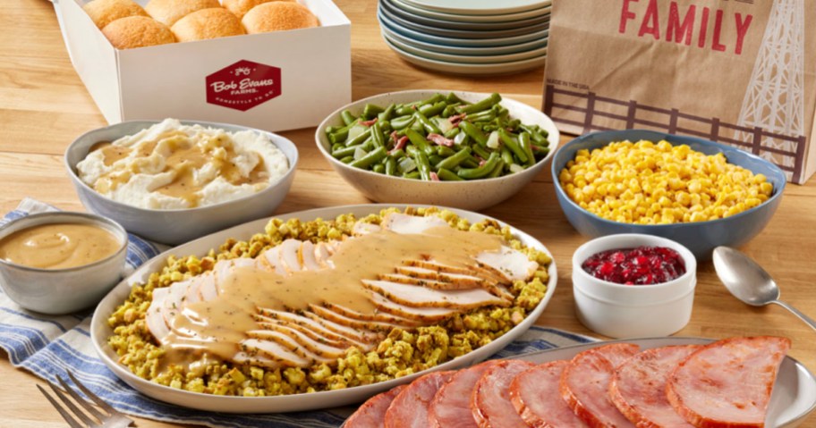 bob evans turkey, ham, green beans, mashed potatoes and more on table