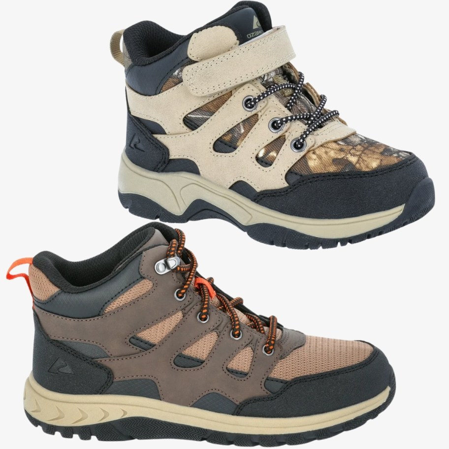 toddlers tan camo hiking shoe and boys tan camo hiking shoe