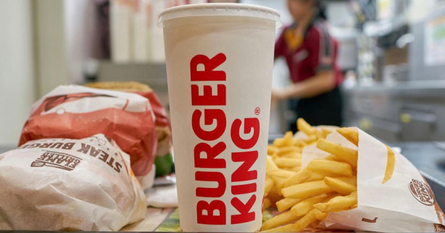 burger king drink on tray with fries and burgers