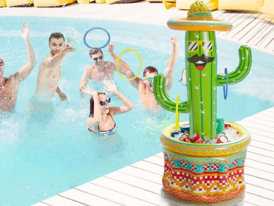 jasonwell cactus inflatable cooler and ring toss at pool with people throwing rings 