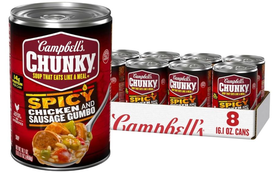 an 8 count case of chunky spicy chicken and sausage gumbo