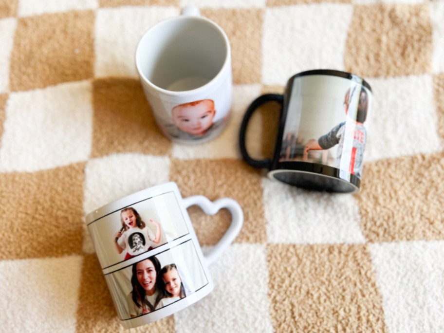 three photo mugs on checkered background