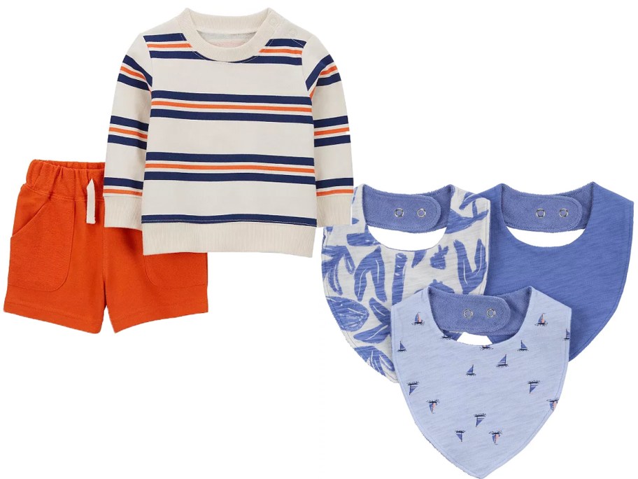 carters orange shorts, striped sweater and three blue bibs 