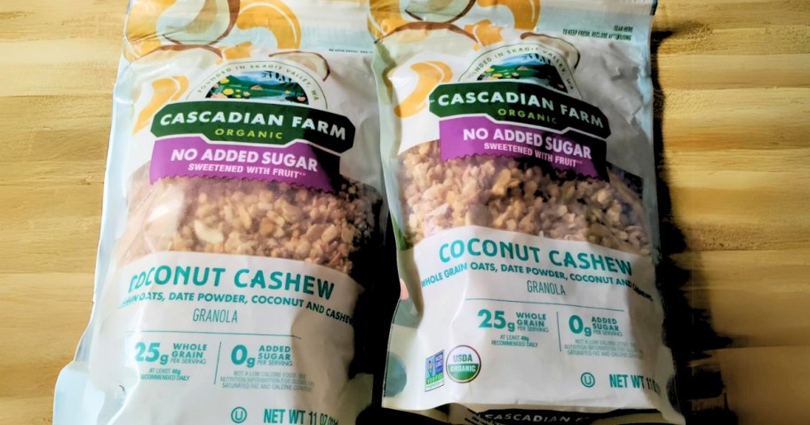 2 bags of Cascadian Farms organic granola on a table