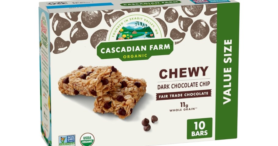 box of Chewy Chocolate chip Cascadian farms granola bars