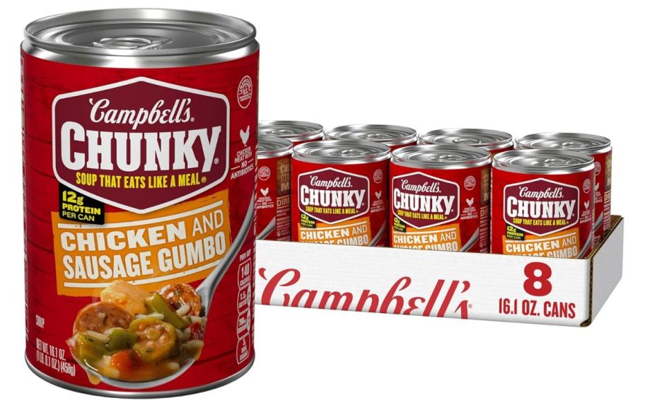 an 8 count case of chunky chicken and sausage gumbo