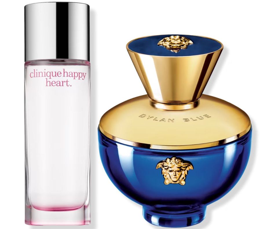 a bottle of clinique happy heart with a bottle of versace dylan bleu