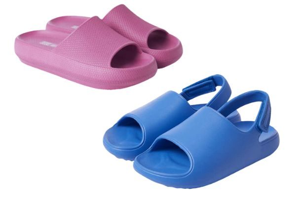costco cushion blue strap sandals and pink slides stock images