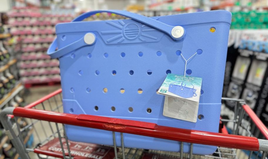 a blue eva beach tote in a costco shopping cart