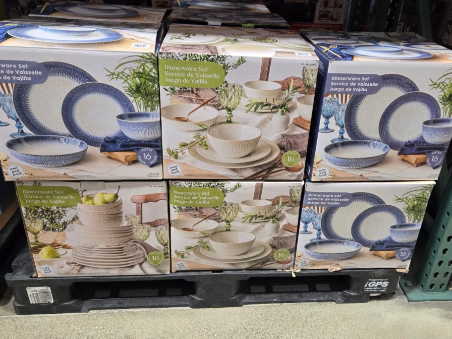 16-piece dinnerware sets in boxes at Costco