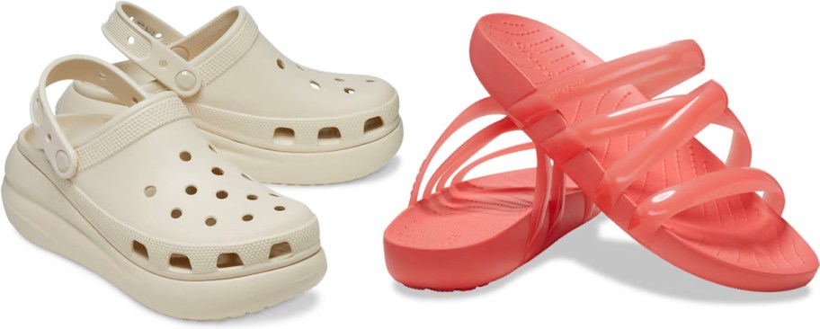 white crocs clogs and pink sandals