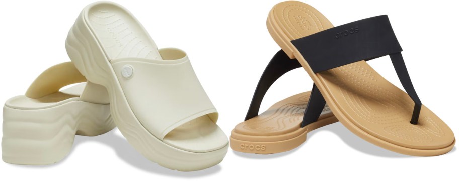 white crocs slides and black and tan sandals
