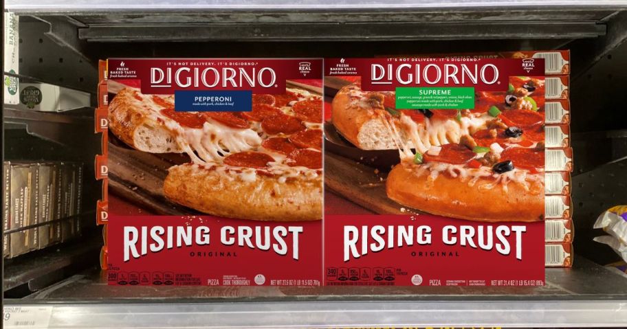 two digiorno pizzas in refrigerator case