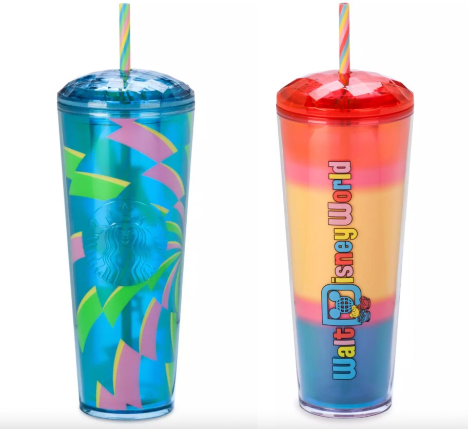 two colorful disney tumblers w straws