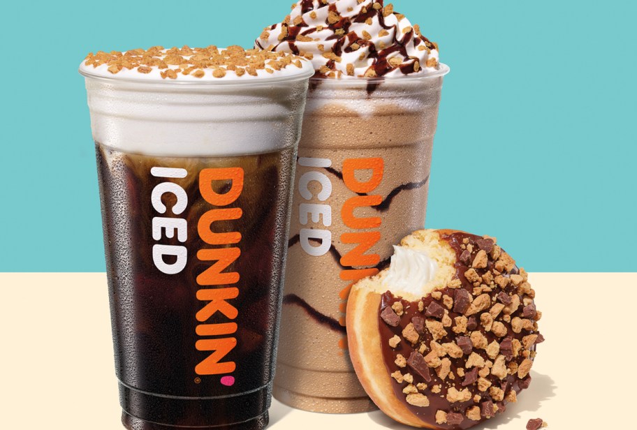 dunkin smores cold brew, frozen coffee, and donut on table