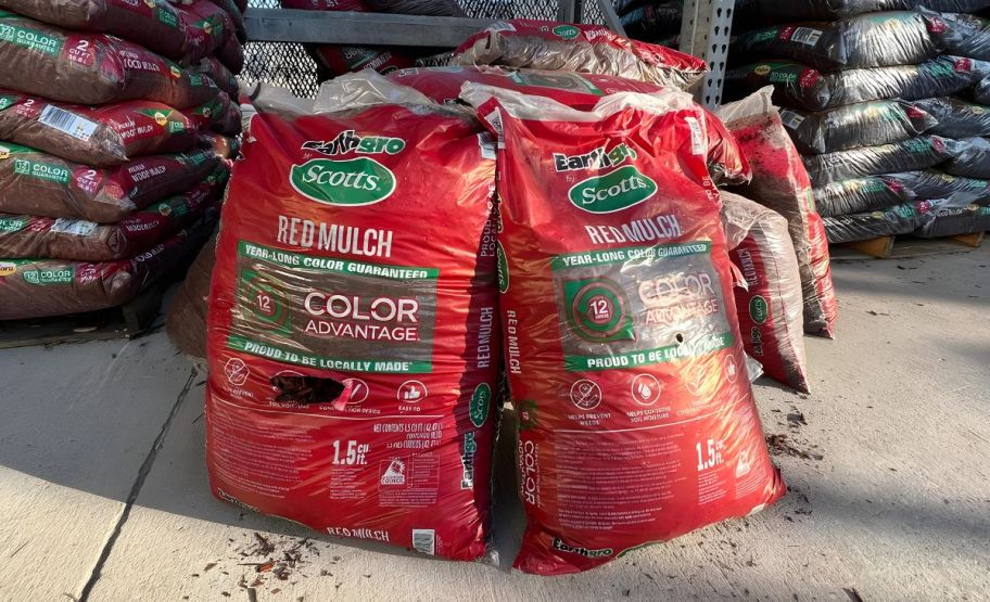 bags of red colored EarthGro Mulch at Home Depot store