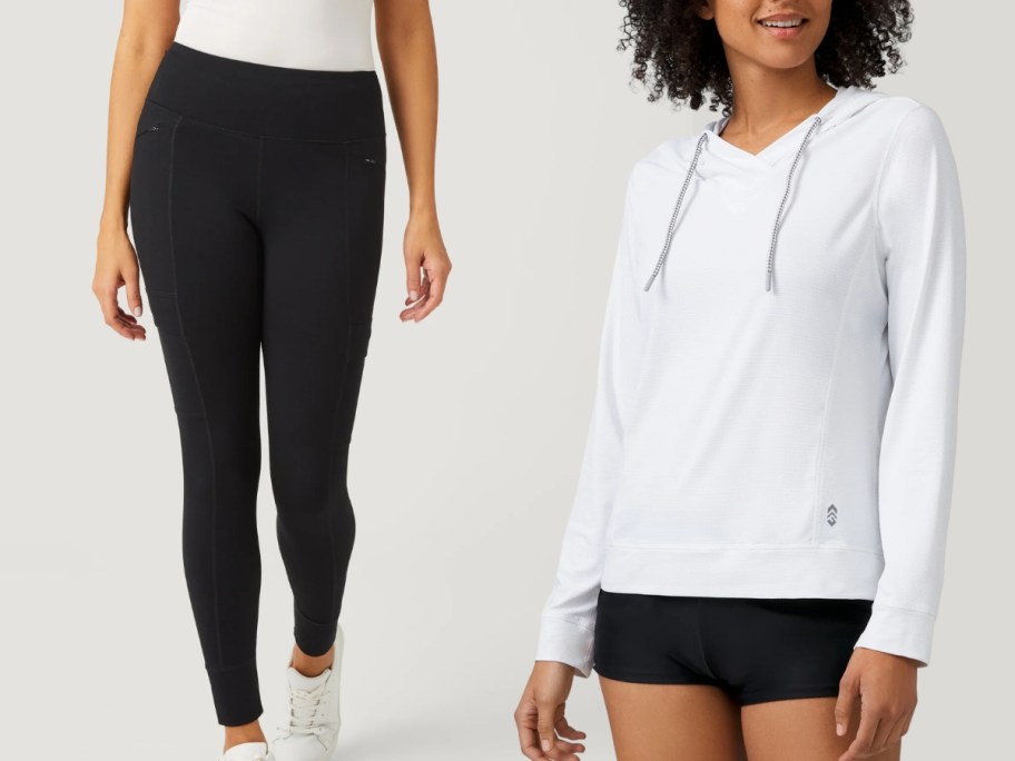 woman wearing black tights next to a woman wearing a white sunshirt hoodie and black shorts