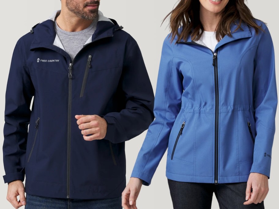 man wearing a navy Free Country jacket and a woman wearing a blue Free Country Jacket